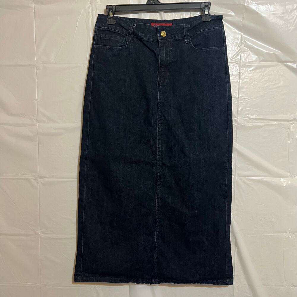 Dark Wash Denim Midi Skirt 29” Waist Back Slit Classic